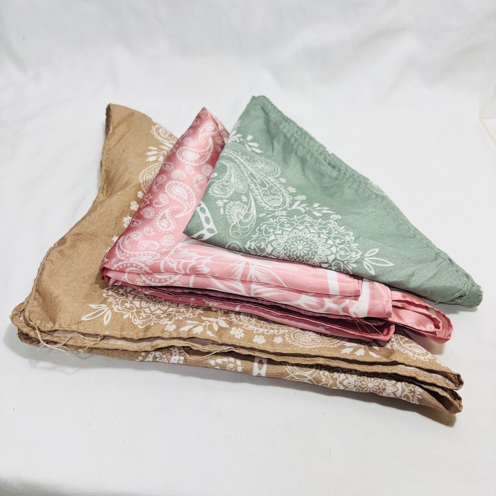 3pc Paisley Bandana Scarf Set Sage Green Pink Tan Boho Hair Neck Accessory - Picture 5 of 9
